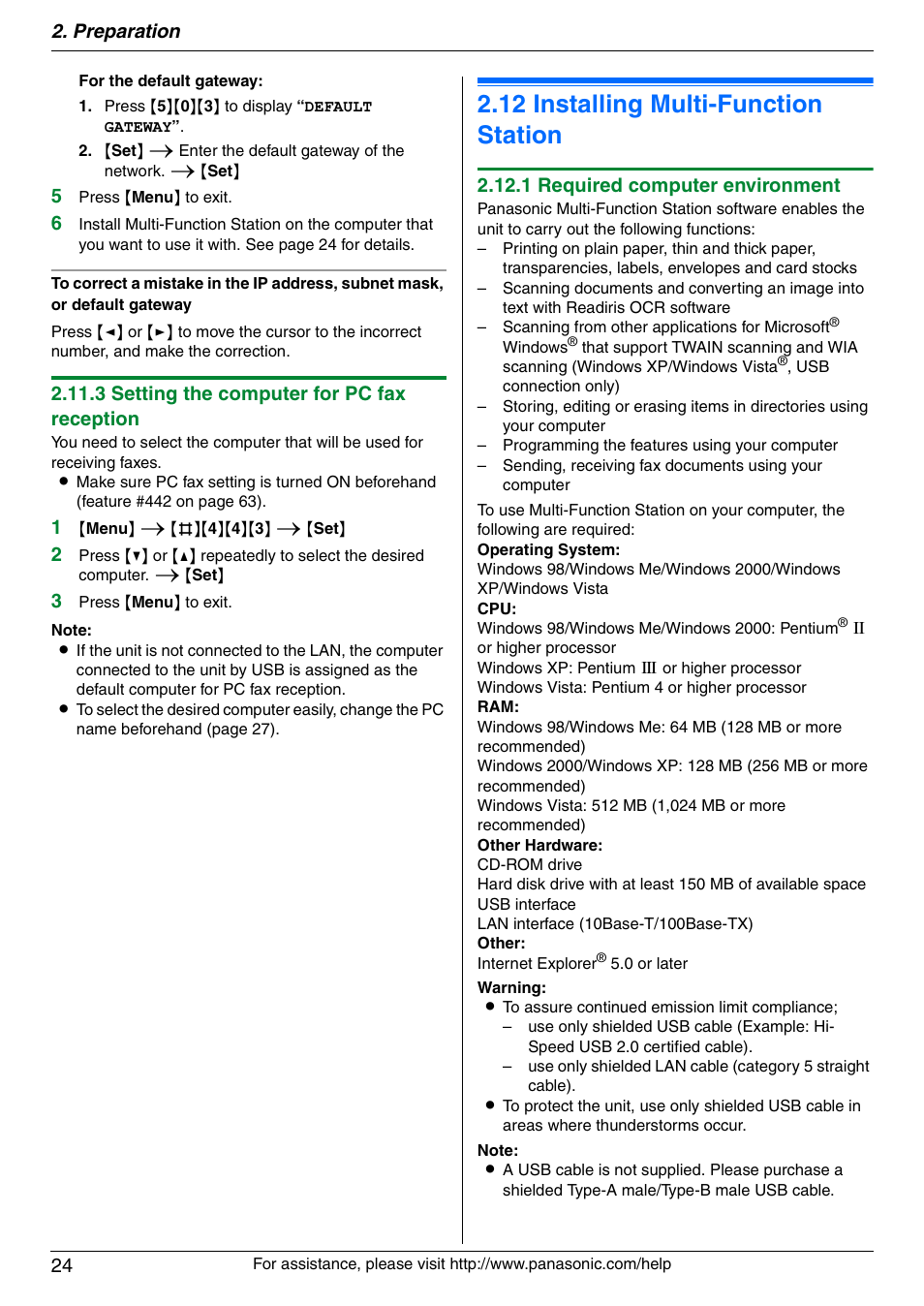 12 installing multi-function station, Installing multi-function station, 12 installing multi-function station | Preparation 24, 3 setting the computer for pc fax reception, 1 required computer environment | Panasonic KX-MC6020 User Manual | Page 24 / 120