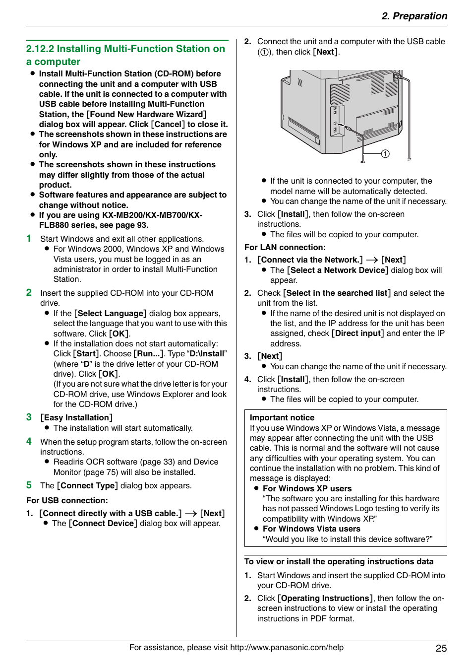 Preparation 25, 2 installing multi-function station on a computer | Panasonic KX-MC6020 User Manual | Page 25 / 120