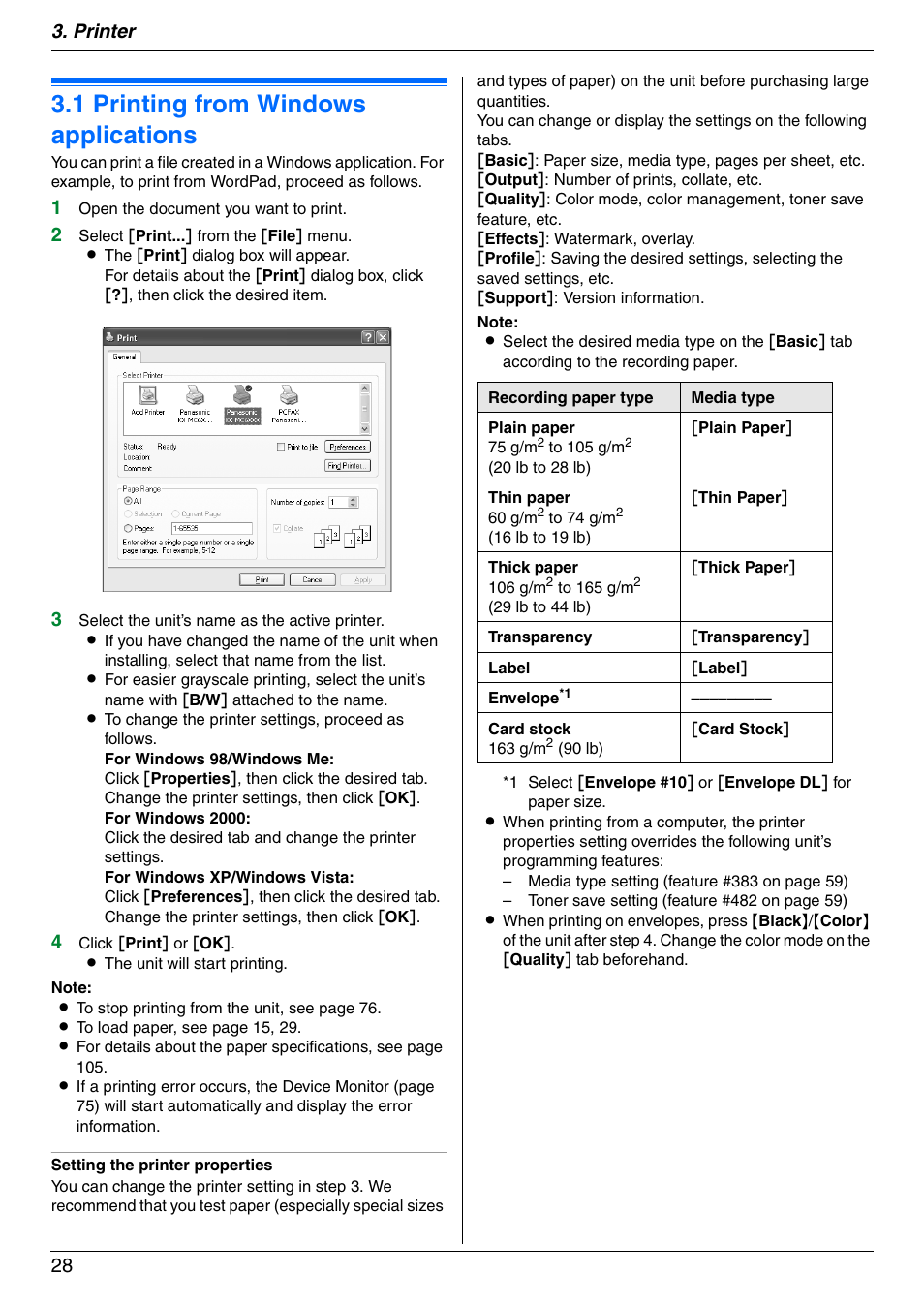 Printer, 1 printing from windows applications, Printing from windows applications | 1 printing from windows applications, Printer 28 | Panasonic KX-MC6020 User Manual | Page 28 / 120