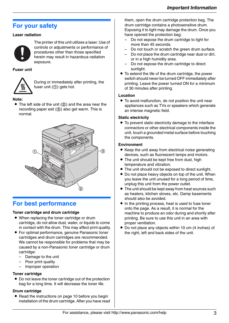 Important information, For your safety, For best performance | Important information 3 | Panasonic KX-MC6020 User Manual | Page 3 / 120