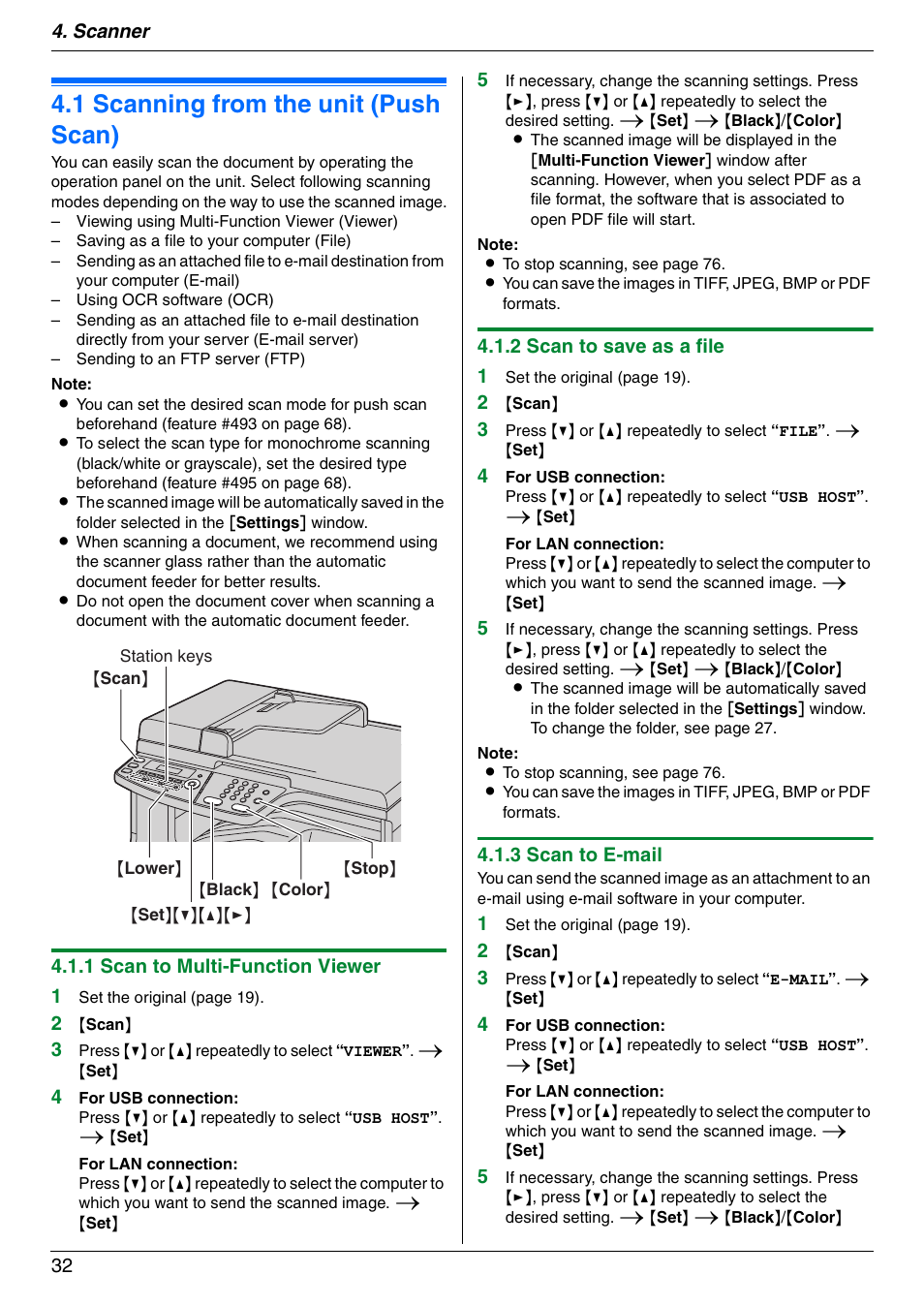 Scanner, 1 scanning from the unit (push scan), Scanning from the unit (push scan) | 1 scanning from the unit (push scan) | Panasonic KX-MC6020 User Manual | Page 32 / 120