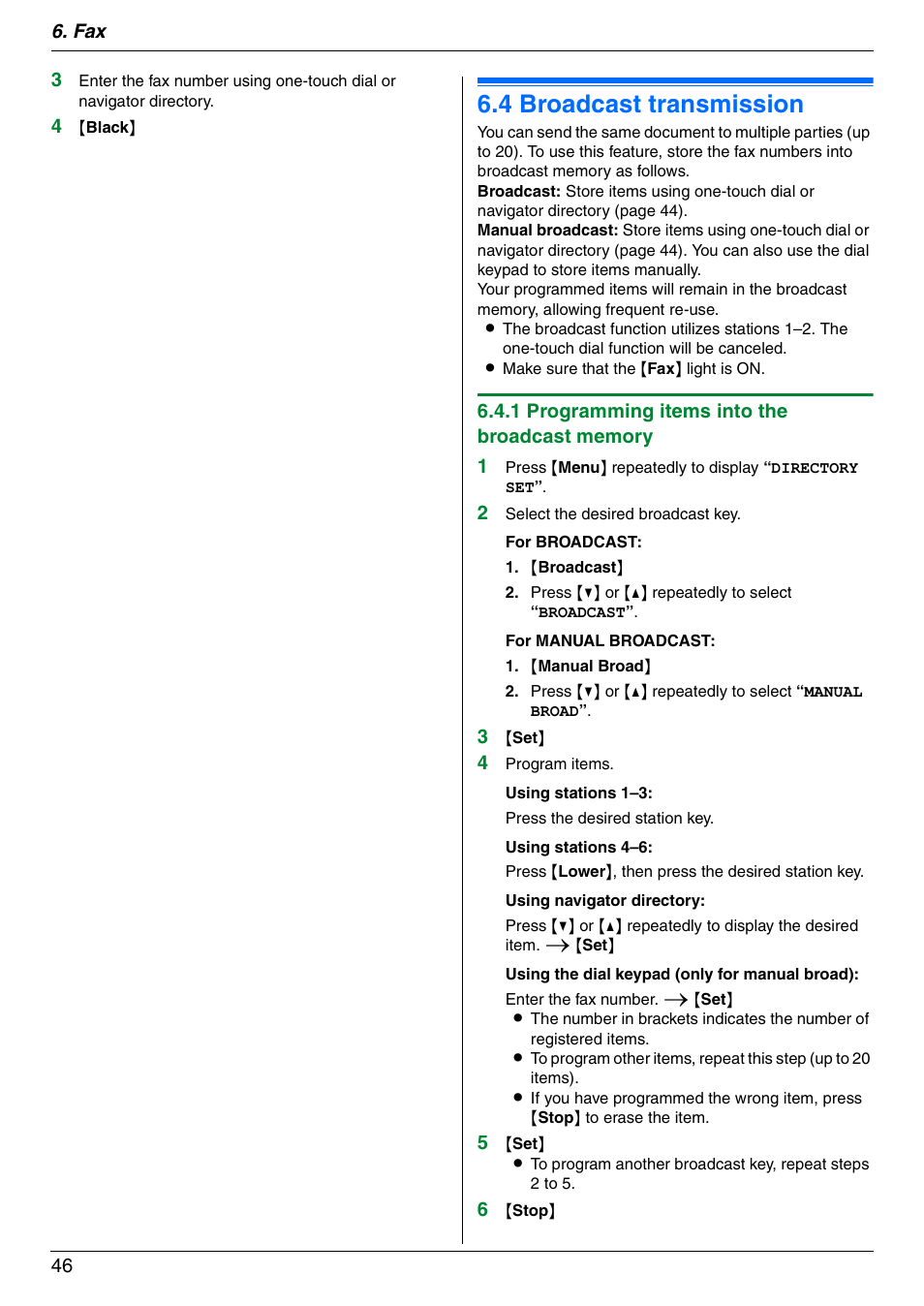 4 broadcast transmission, Broadcast transmission, 4 broadcast transmission | Panasonic KX-MC6020 User Manual | Page 46 / 120
