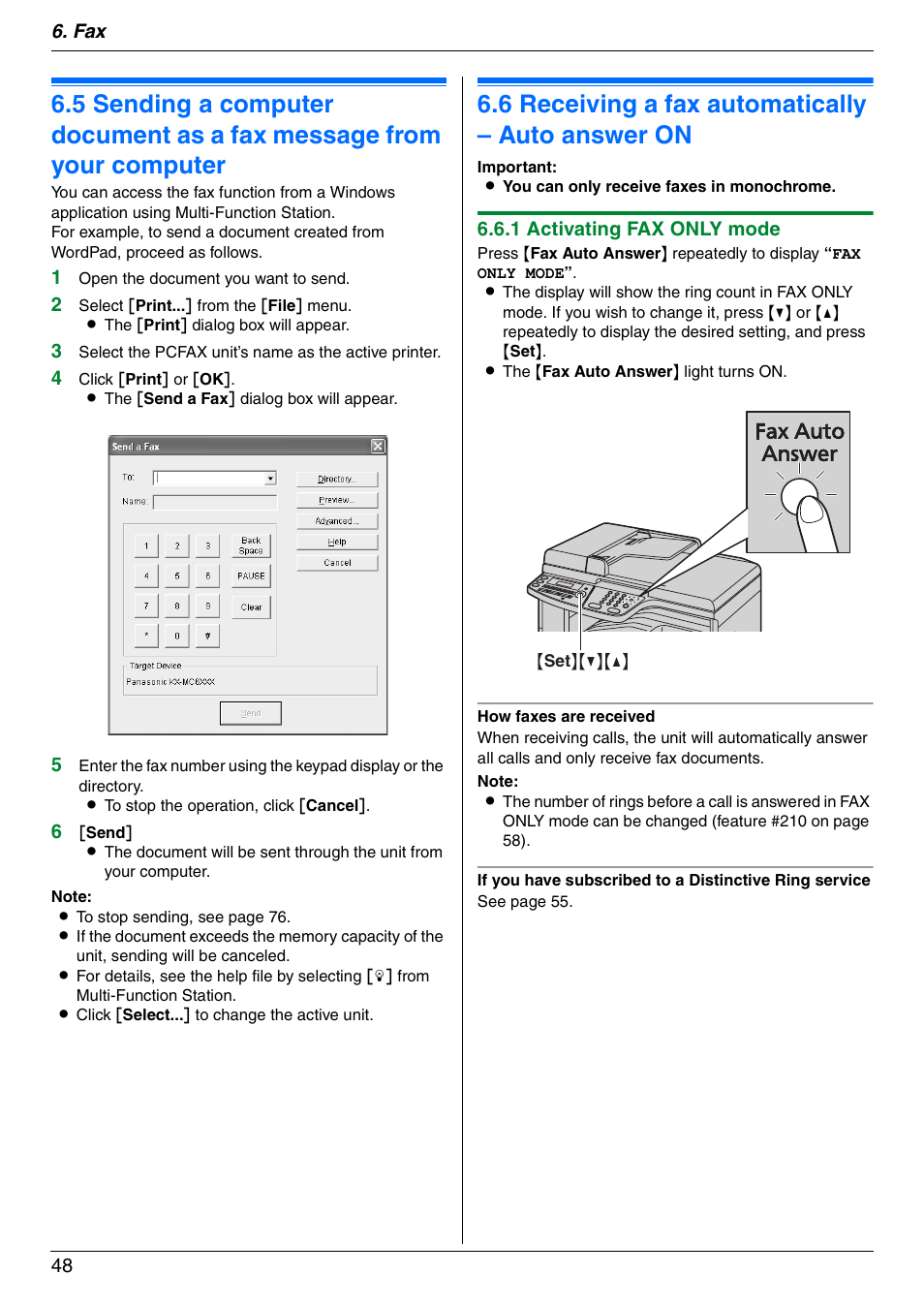 Receiving faxes, 6 receiving a fax automatically – auto answer on, Receiving a fax automatically – auto answer on | 6 receiving a fax automatically – auto answer on | Panasonic KX-MC6020 User Manual | Page 48 / 120