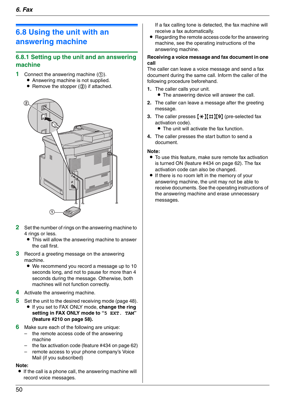 8 using the unit with an answering machine, Using the unit with an answering machine, 8 using the unit with an answering machine | Panasonic KX-MC6020 User Manual | Page 50 / 120