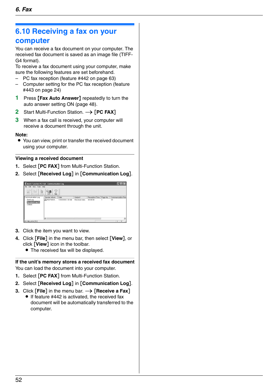 10 receiving a fax on your computer, Receiving a fax on your computer, 10 receiving a fax on your computer | Panasonic KX-MC6020 User Manual | Page 52 / 120