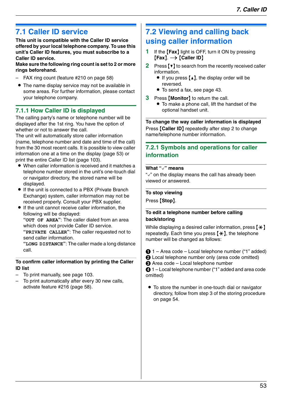 Caller id, 1 caller id service, Caller id service | Viewing and calling back using caller information, 1 caller id service, Caller id 53, 1 how caller id is displayed, 1 symbols and operations for caller information | Panasonic KX-MC6020 User Manual | Page 53 / 120