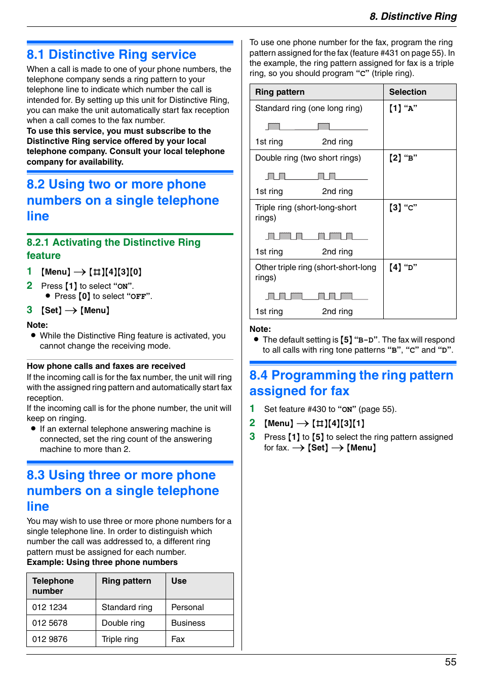 Distinctive ring, 1 distinctive ring service, 4 programming the ring pattern assigned for fax | Distinctive ring service, Programming the ring pattern assigned for fax, 1 distinctive ring service, 4 programming the ring pattern assigned for fax | Panasonic KX-MC6020 User Manual | Page 55 / 120