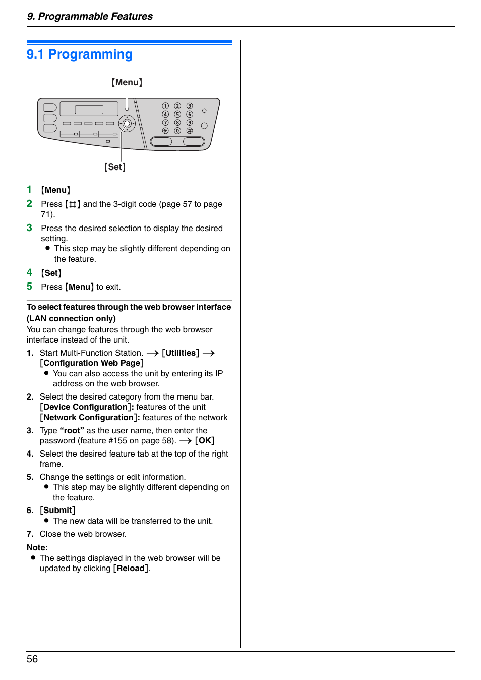 Programmable features, Features summary, 1 programming | Programming, 1 programming, Programmable features 56 | Panasonic KX-MC6020 User Manual | Page 56 / 120