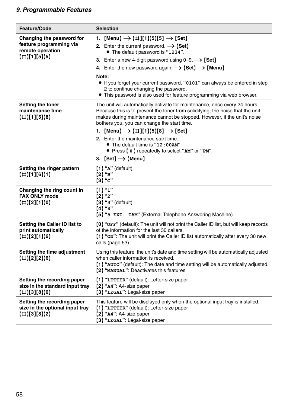Programmable features 58 | Panasonic KX-MC6020 User Manual | Page 58 / 120