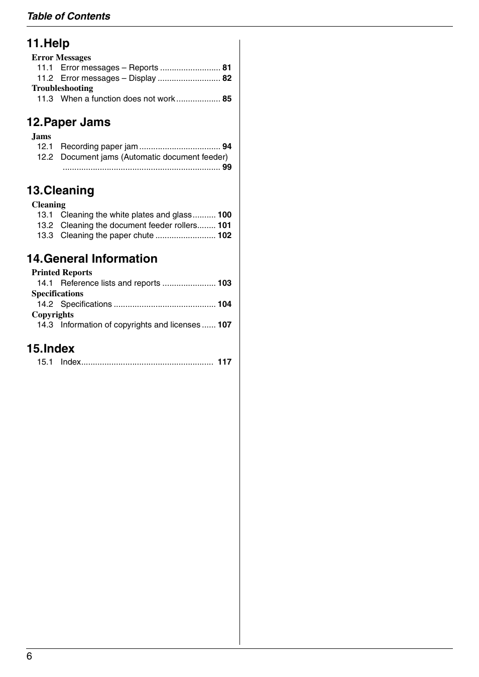 Help, Paper jams, Cleaning | General information, Index | Panasonic KX-MC6020 User Manual | Page 6 / 120