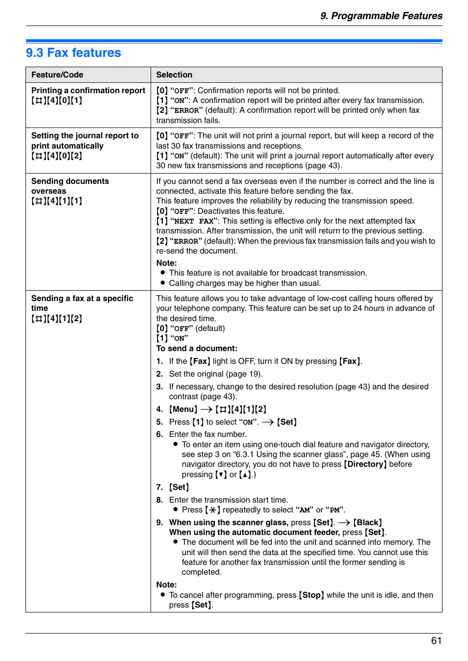 3 fax features, Fax features, 3 fax features | Programmable features 61 | Panasonic KX-MC6020 User Manual | Page 61 / 120