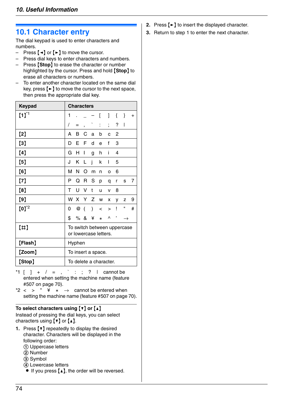 Useful information, 1 character entry, Character entry | 1 character entry, Useful information 74 | Panasonic KX-MC6020 User Manual | Page 74 / 120