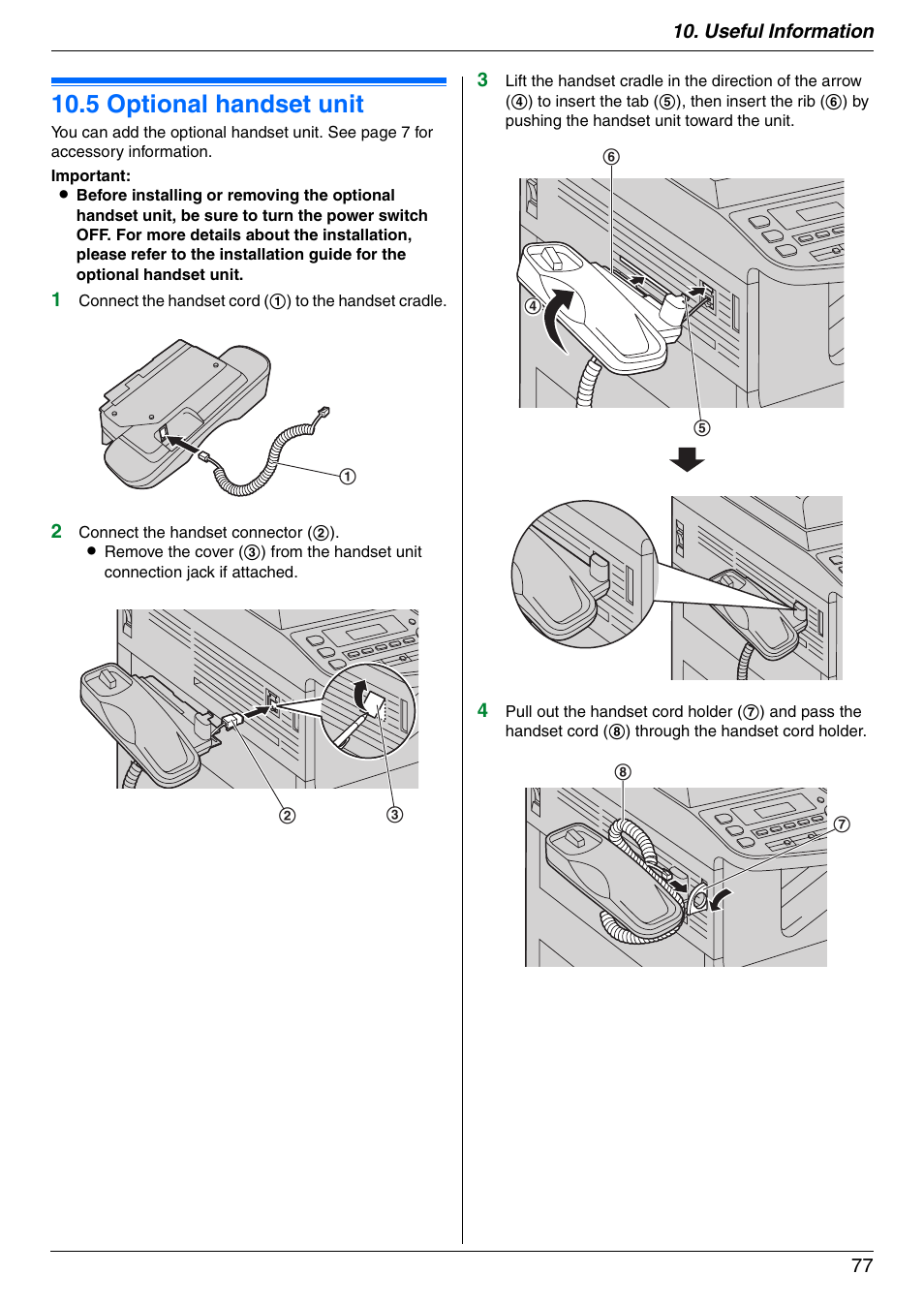 Option, 5 optional handset unit, Optional handset unit | 5 optional handset unit | Panasonic KX-MC6020 User Manual | Page 77 / 120