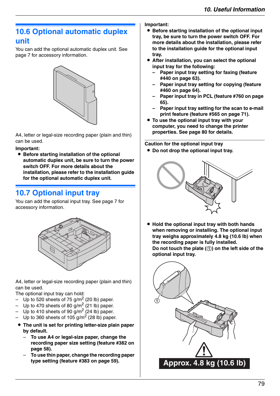 6 optional automatic duplex unit, 7 optional input tray, Optional automatic duplex unit | Optional input tray, 6 optional automatic duplex unit, 7 optional input tray, Useful information 79 | Panasonic KX-MC6020 User Manual | Page 79 / 120