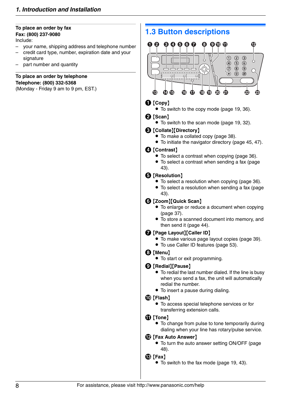 Finding the controls, 3 button descriptions, Button descriptions | 3 button descriptions | Panasonic KX-MC6020 User Manual | Page 8 / 120