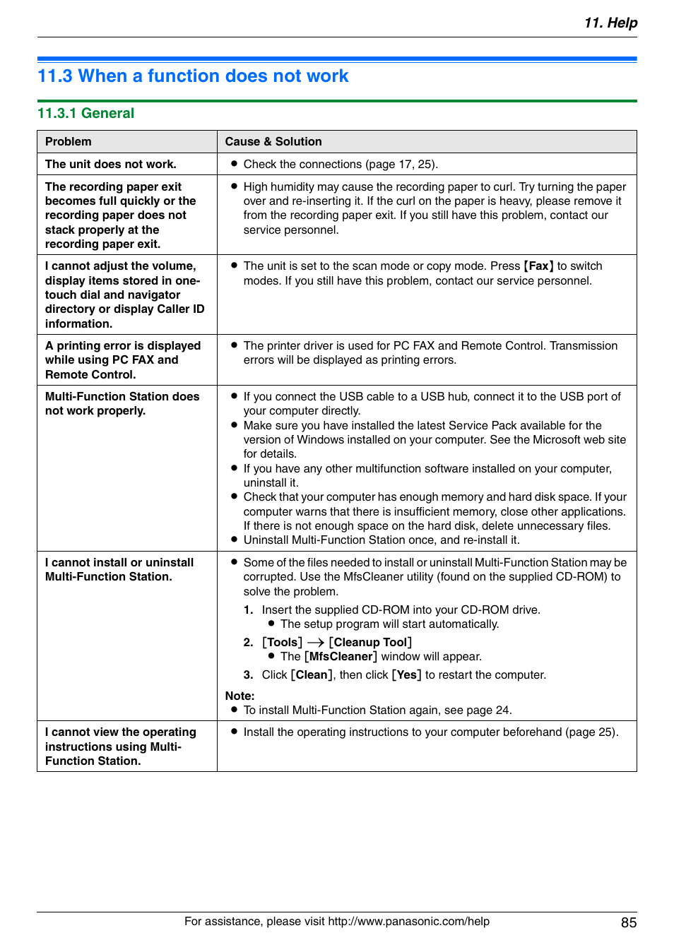 Troubleshooting, 3 when a function does not work, When a function does not work | 3 when a function does not work, Help 85, 1 general | Panasonic KX-MC6020 User Manual | Page 85 / 120