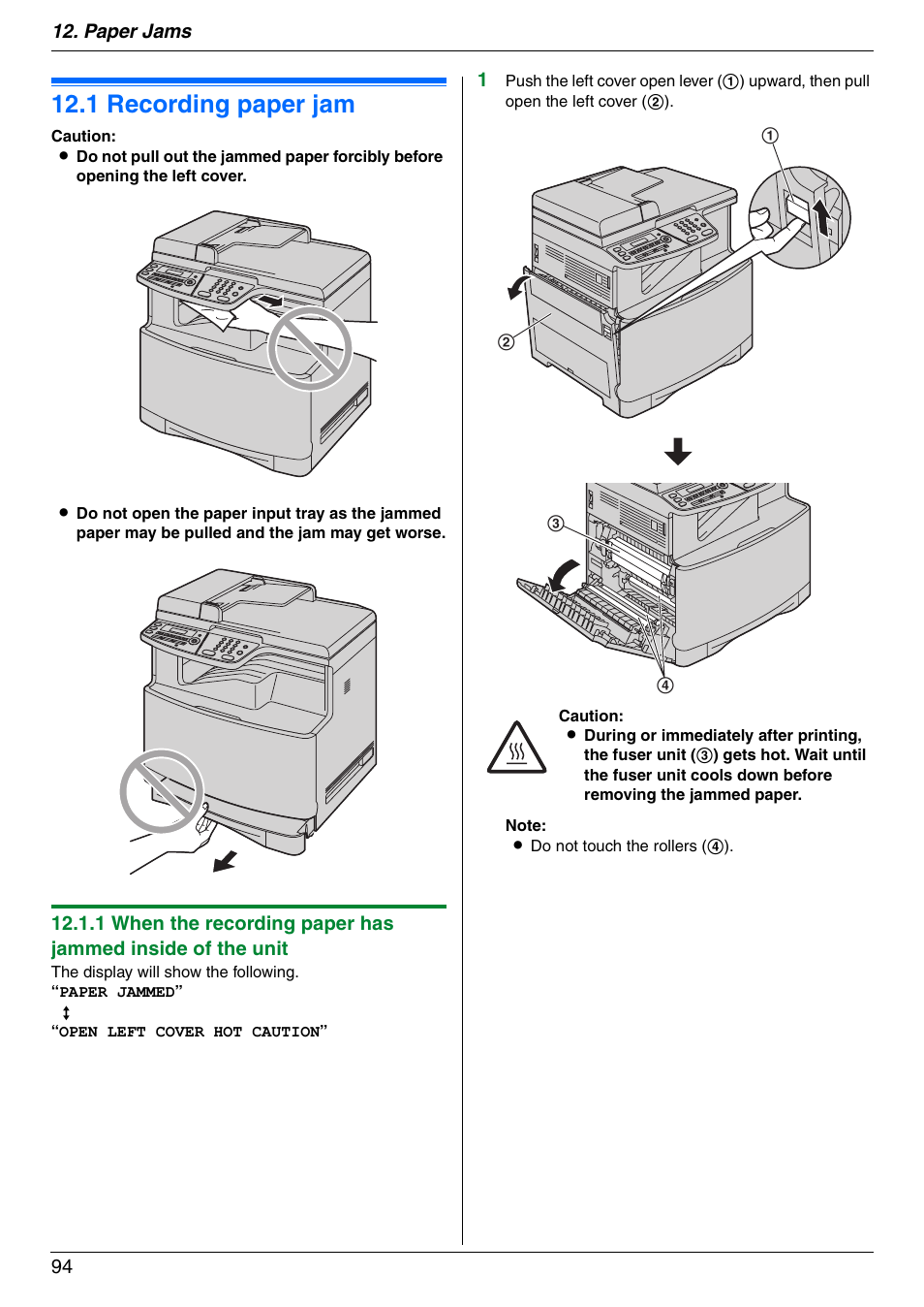 Paper jams, Jams, 1 recording paper jam | Recording paper jam, 1 recording paper jam, Paper jams 94 | Panasonic KX-MC6020 User Manual | Page 94 / 120