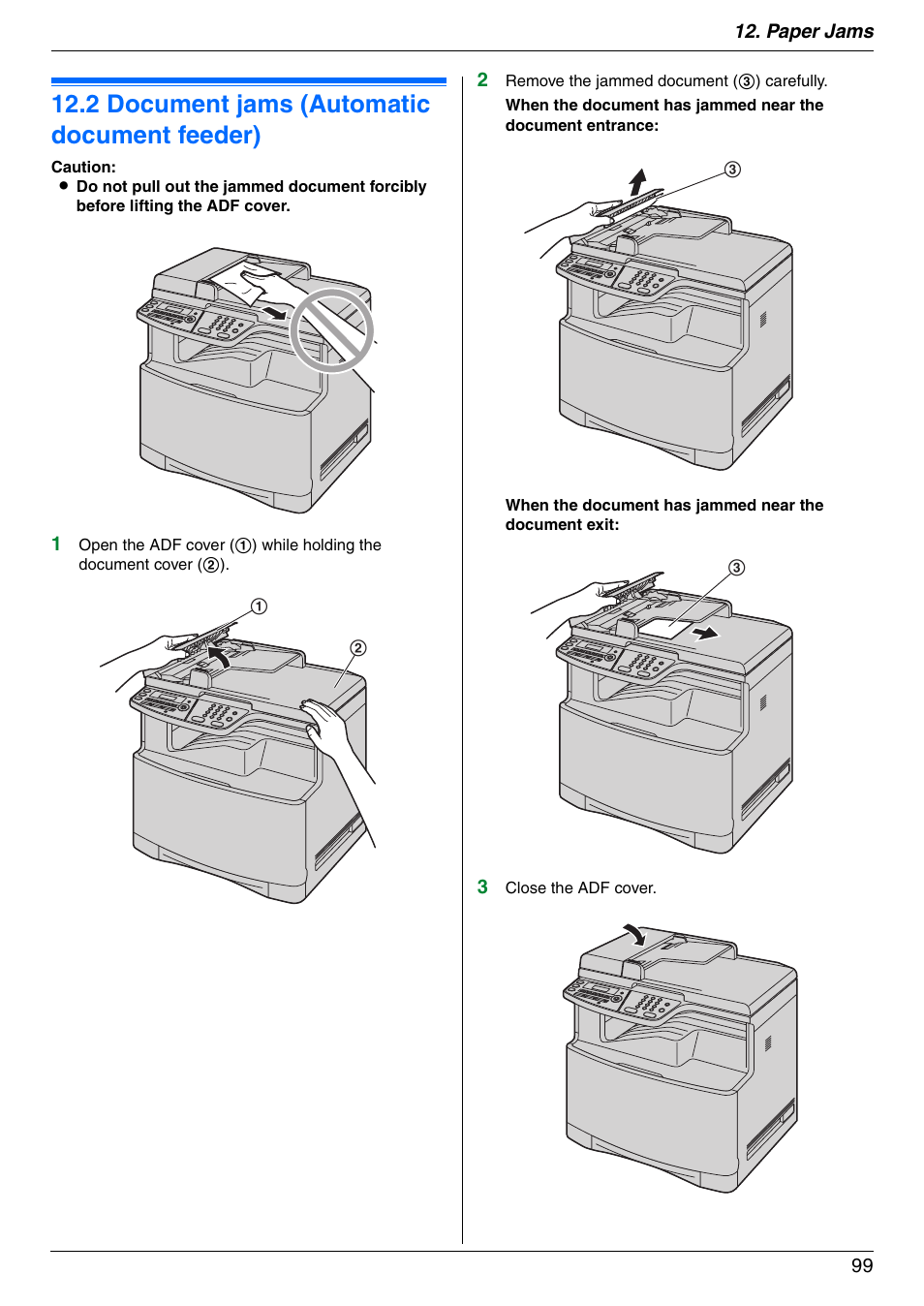 2 document jams (automatic document feeder), Document jams (automatic document feeder), 2 document jams (automatic document feeder) | Panasonic KX-MC6020 User Manual | Page 99 / 120