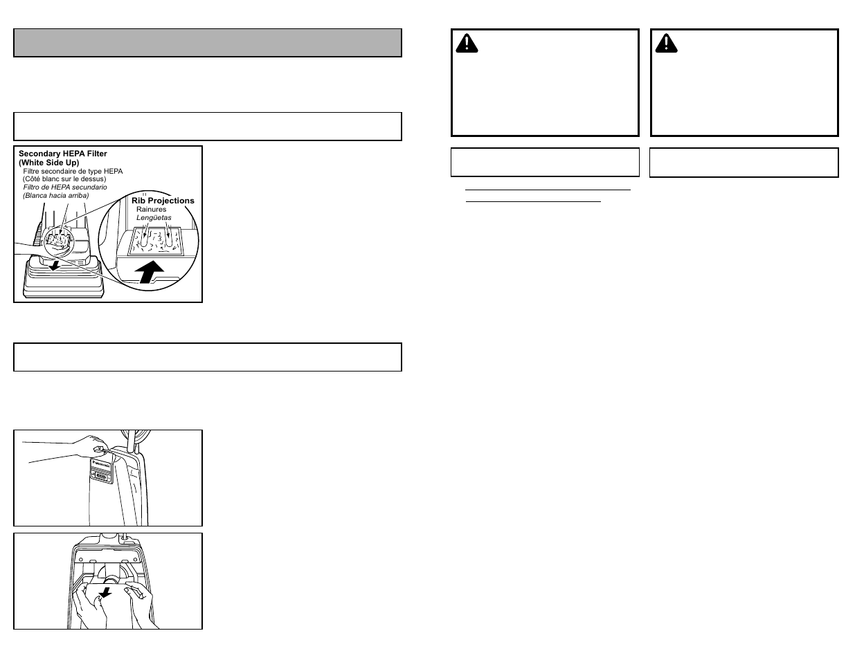 Enlevement et installation de la plaque inferieure, Cambiar y insertar de la base inferior, Advertencia | Avertissement, Routine care of vacuum cleaner, Replacing secondary hepa filter changing dust bag | Panasonic MC-V5241 User Manual | Page 25 / 44