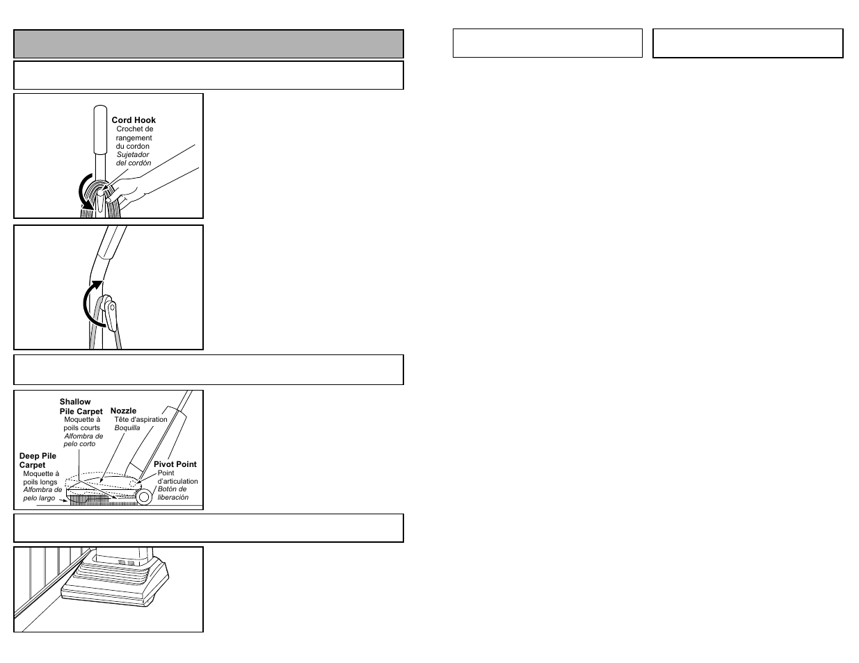 Remplacement des brosses, Cambiar los cepillos, Features | Using cord hook, Automatic self adjusting nozzle, Edge cleaning | Panasonic MC-V5241 User Manual | Page 31 / 44