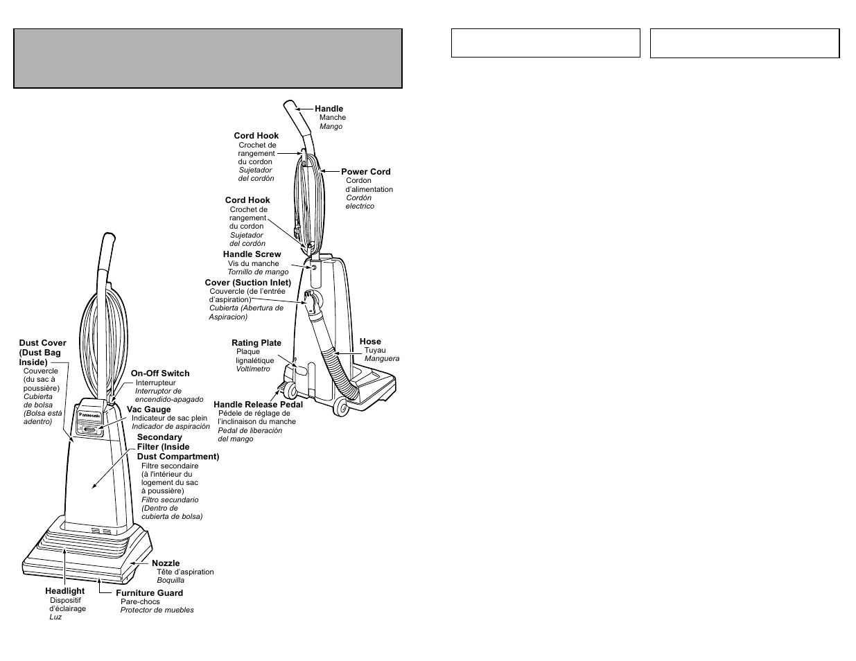 Degagement des obstructions, Quitar de los residuos de basura en los conductos, Parts identification | Nomenclature identificación de piezas, Vac gauge full | Panasonic MC-V5241 User Manual | Page 35 / 44
