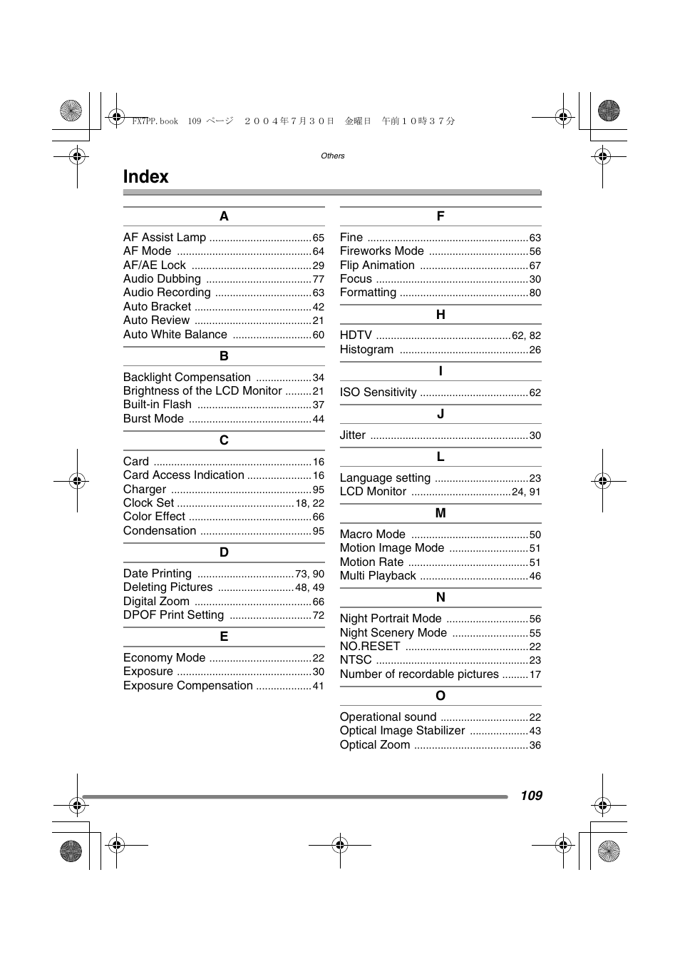 Index | Panasonic DMC-FX7PP User Manual | Page 109 / 112