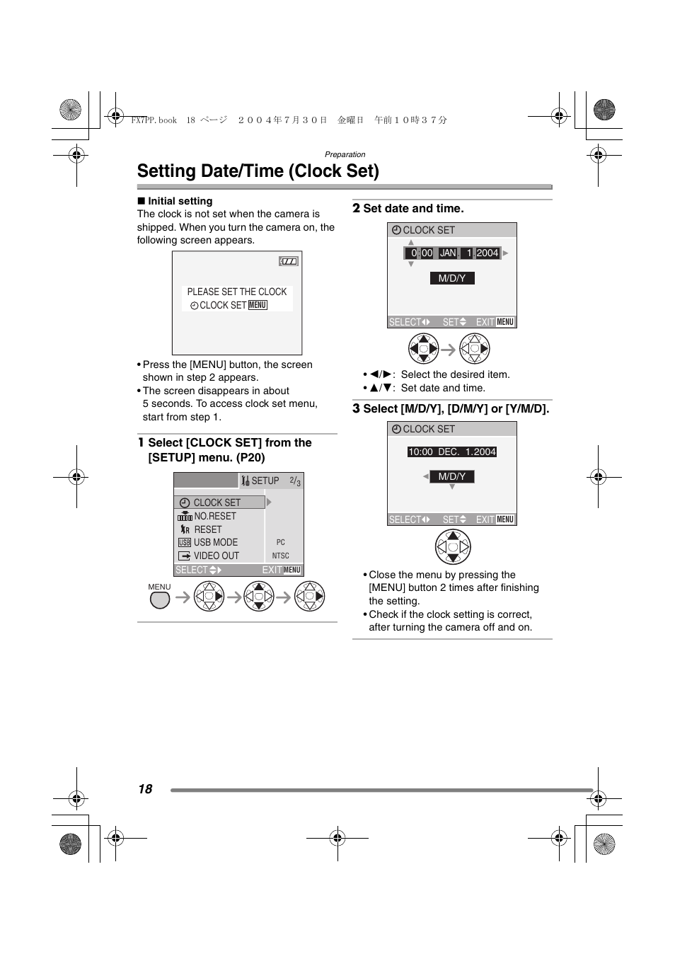 Setting date / time (clock set), Setting date/time (clock set) | Panasonic DMC-FX7PP User Manual | Page 18 / 112