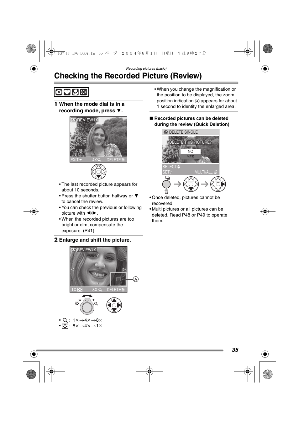 Checking the recorded picture (review) | Panasonic DMC-FX7PP User Manual | Page 35 / 112