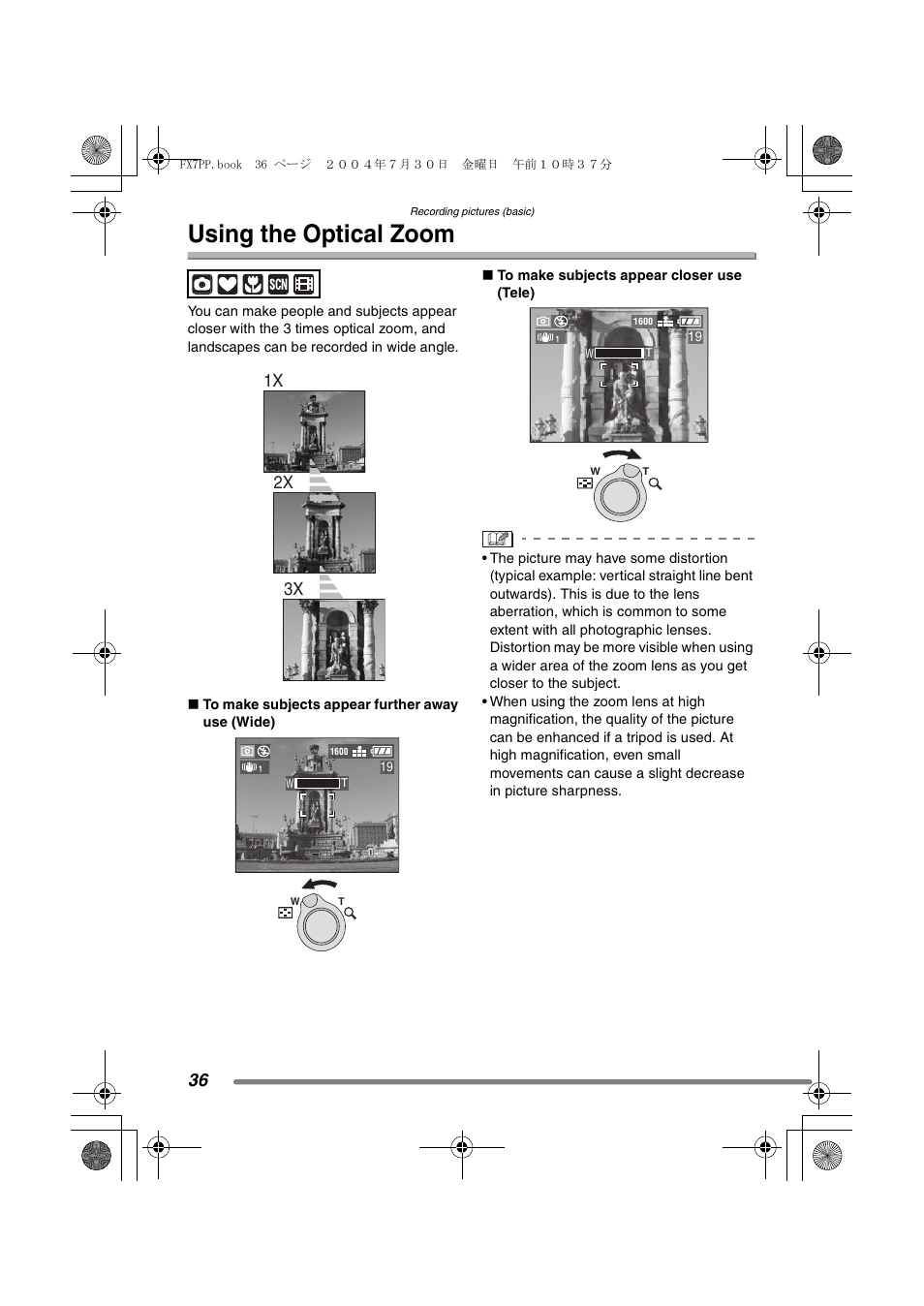 Using the optical zoom, 1x 2x 3x | Panasonic DMC-FX7PP User Manual | Page 36 / 112