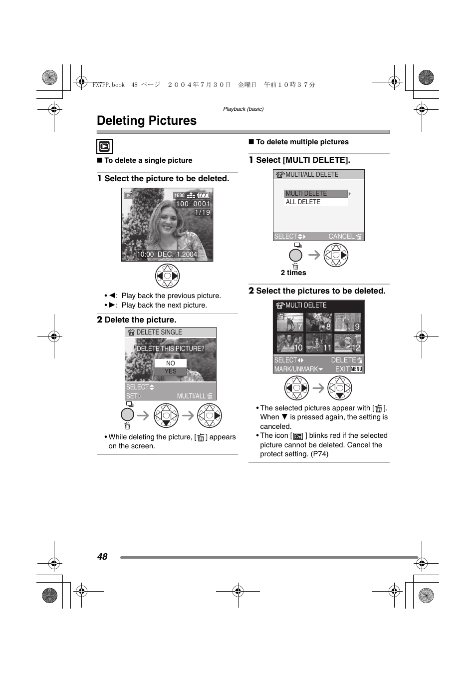 Deleting pictures | Panasonic DMC-FX7PP User Manual | Page 48 / 112