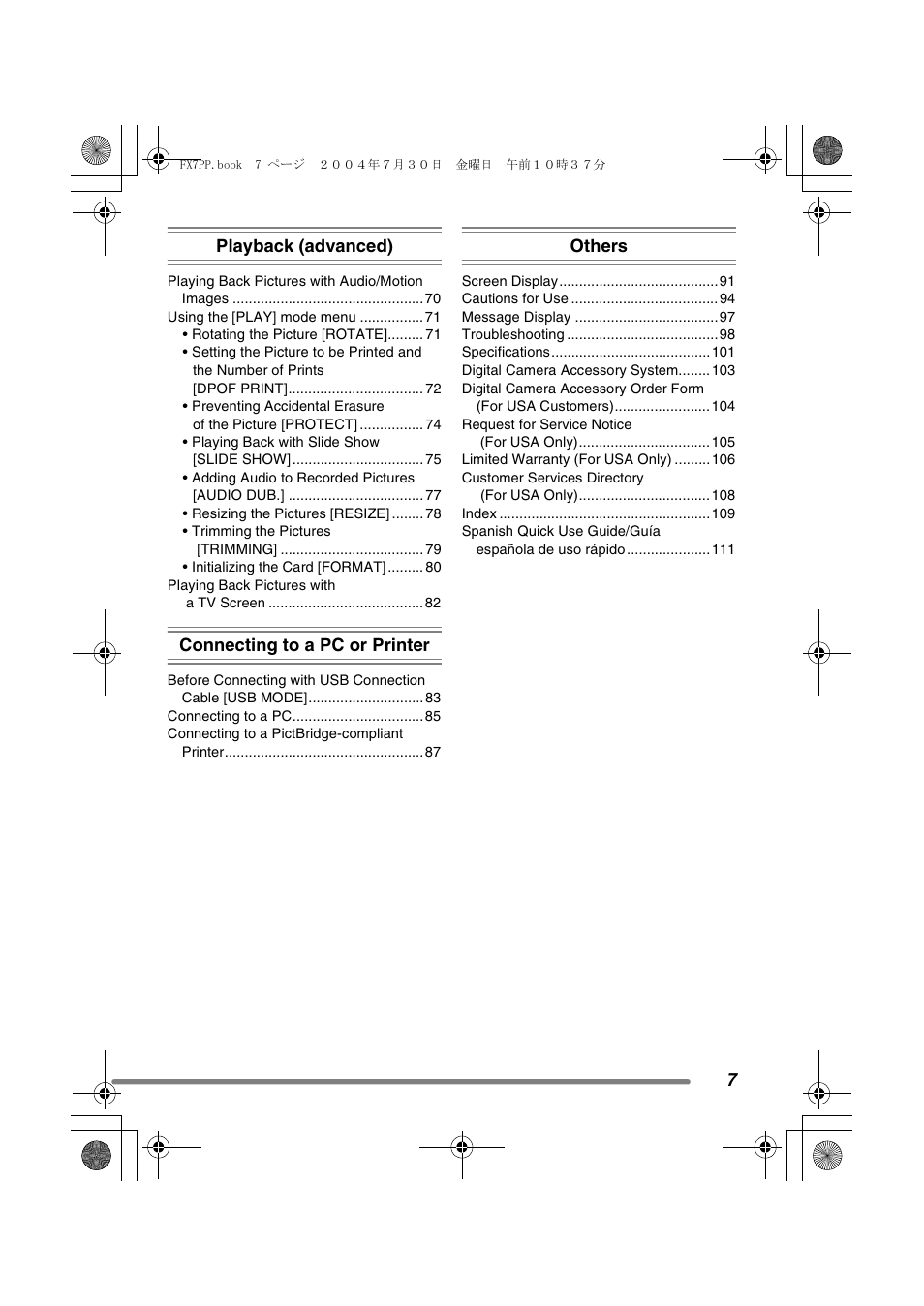 7playback (advanced), Connecting to a pc or printer, Others | Panasonic DMC-FX7PP User Manual | Page 7 / 112