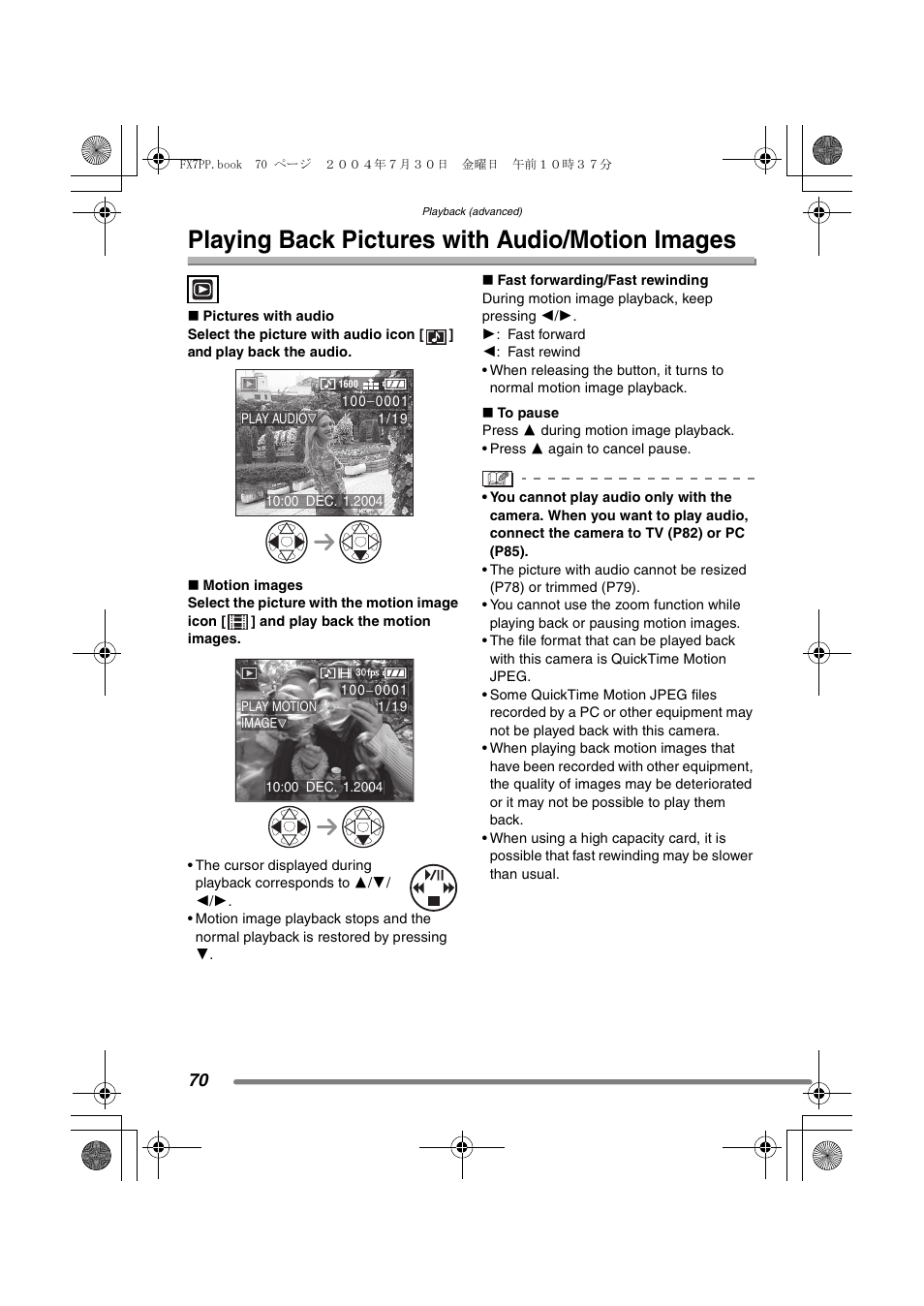 Playback (advanced), Playing back pictures with audio / motion images, Playing back pictures with audio/motion images | Panasonic DMC-FX7PP User Manual | Page 70 / 112