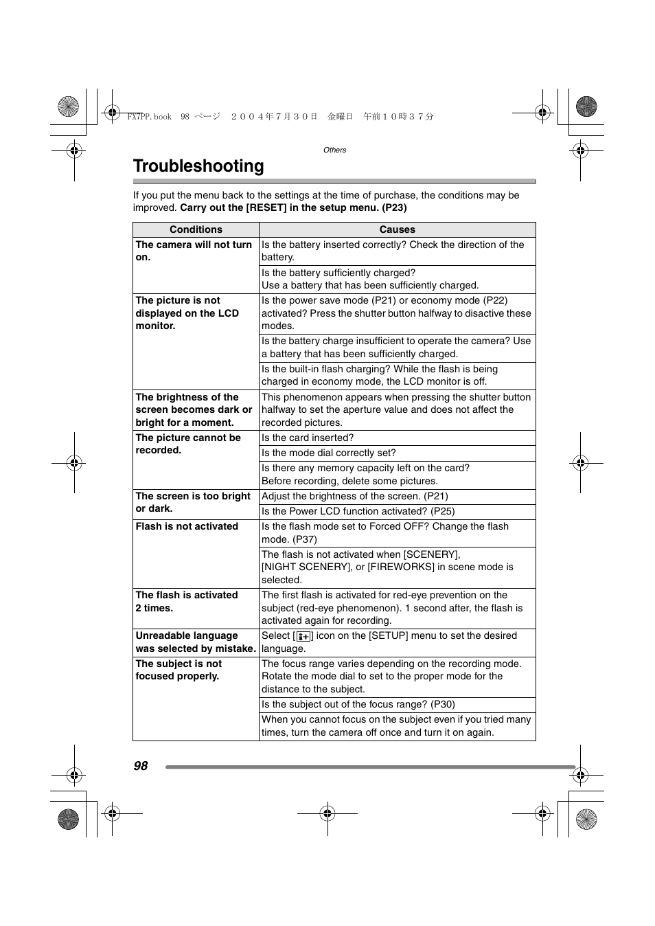 Troubleshooting | Panasonic DMC-FX7PP User Manual | Page 98 / 112