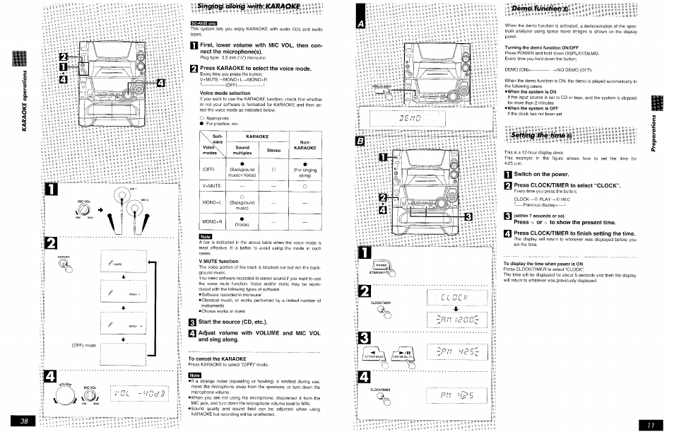 Turning the demo function on/off, Q switch on the power, Q press clockn'flvier to select “clock | Within 7 seconds or so), Press v or a to show the present time, Press clock/tilwer to finish setting the time, To display the time when power is on, Setting the mmé m | Panasonic SCAK75 User Manual | Page 11 / 48
