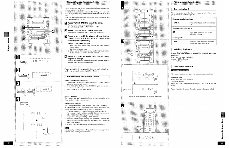 Press tuner band to select the band, N press tune mode to select “manual, Preset the stations one at a time | Memory retention, Fm allocation settings, Presetting radio broadcasts | Panasonic SCAK75 User Manual | Page 12 / 48