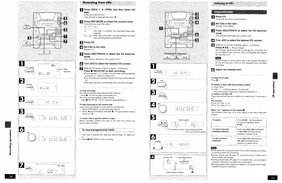 Set cds in the rack, Q press disc/track to select the cd selection mode, Pi turn jog to select the desired cd number | Pj adjust the volume level, To stop the cd play, When “ ^ ” appears on the display 0 | Panasonic SCAK75 User Manual | Page 15 / 48