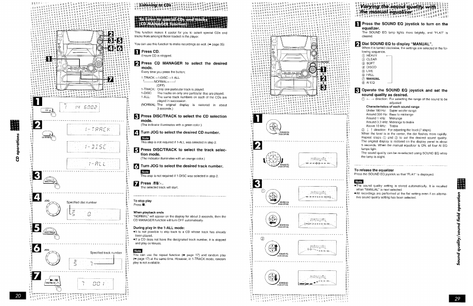 Press cd, Q press cd manager to select the desired mode, Pj turn jog to select the desired cd number | Turn jog to select the desired track number, Press /11/a, To stop play, When playback ends, Listening to | Panasonic SCAK75 User Manual | Page 20 / 48