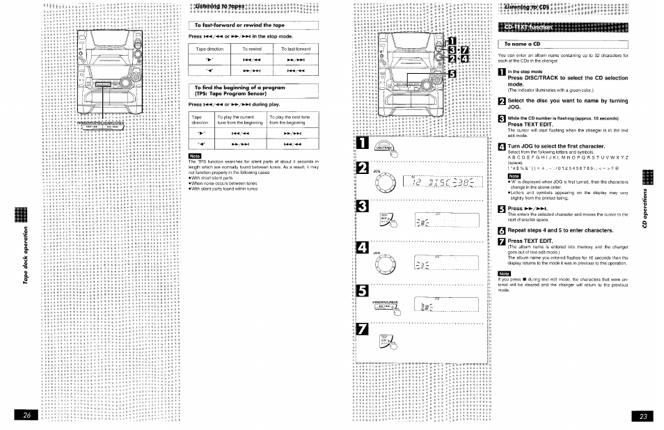 Cd-text function, In the stop mode, Press disc/track to select the cd selection mode | U\ select the disc you want to name by turning jog, Turn jog to select the first character, Press, Repeat steps 4 and 5 to enter characters, Press text edit, Ustening to cds | Panasonic SCAK75 User Manual | Page 23 / 48