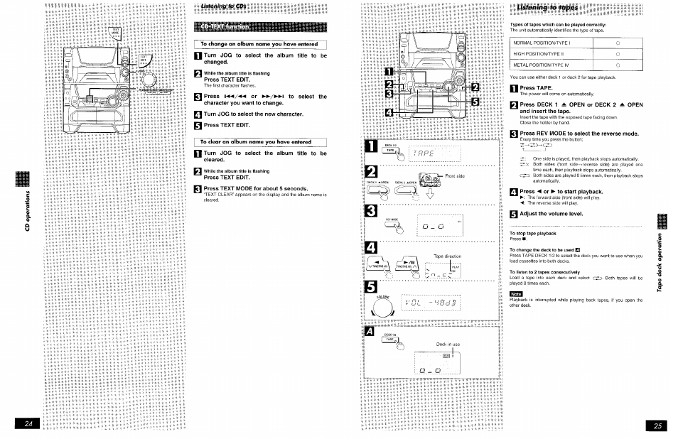 Types of tapes which can be played correctly, Press rev mode to select the reverse mode, Press ◄ or ► to start playback | Adjust the volume level, To stop tape playback, To change the deck to be used el, To listen to 2 tapes consecutively, Listmmng to tapes | Panasonic SCAK75 User Manual | Page 25 / 48