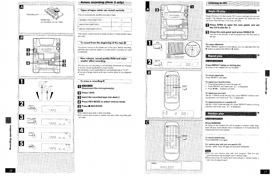 Disconnect the microphone(s), Press tape, Q insert the recorded tape into deck 2 | Q press rev mode to select reverse mode, B press • rec/stop | Panasonic SCAK75 User Manual | Page 32 / 48