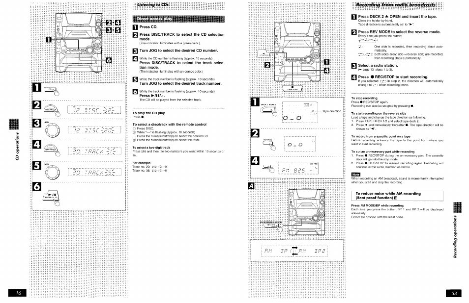 N press deck 2 ^ open and insert the tape, Press rev mode to select the reverse mode, Select a radio station | Pi press • rec/stop to start recording, To stop recording, To start recording on the reverse side, To record from a specific point on a tape, To cut an unnecessary part whiie recording, Press fm iwode/bp while recording, Recordmg from radio broadcasts | Panasonic SCAK75 User Manual | Page 33 / 48