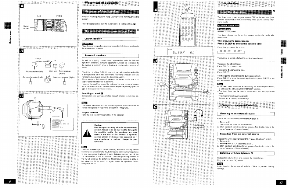 Press sleep to select the desired time, To cancel the sleep timer, An external unit m | Using the timer, Ilsi'ng | Panasonic SCAK75 User Manual | Page 43 / 48