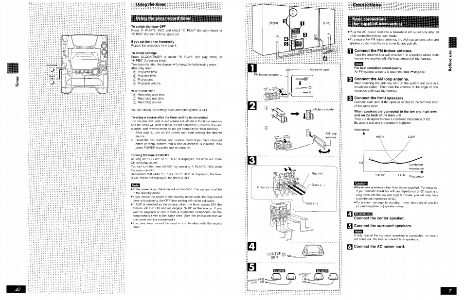 Ions, N connect the fm indoor antenna, Connect the am loop antenna | Q connect the front speakers, Caution, Connect the center speaker, Connect the surround speakers, Q connect the ac power cord, Connections ions | Panasonic SCAK75 User Manual | Page 7 / 48
