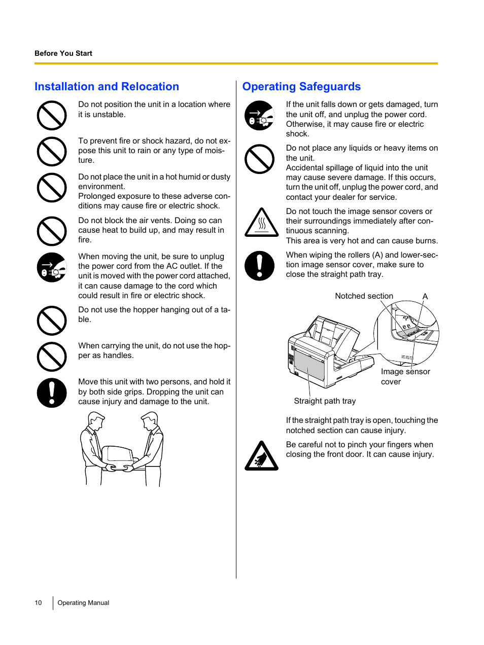 Installation and relocation, Operating safeguards | Panasonic KV-S4085CW User Manual | Page 10 / 87