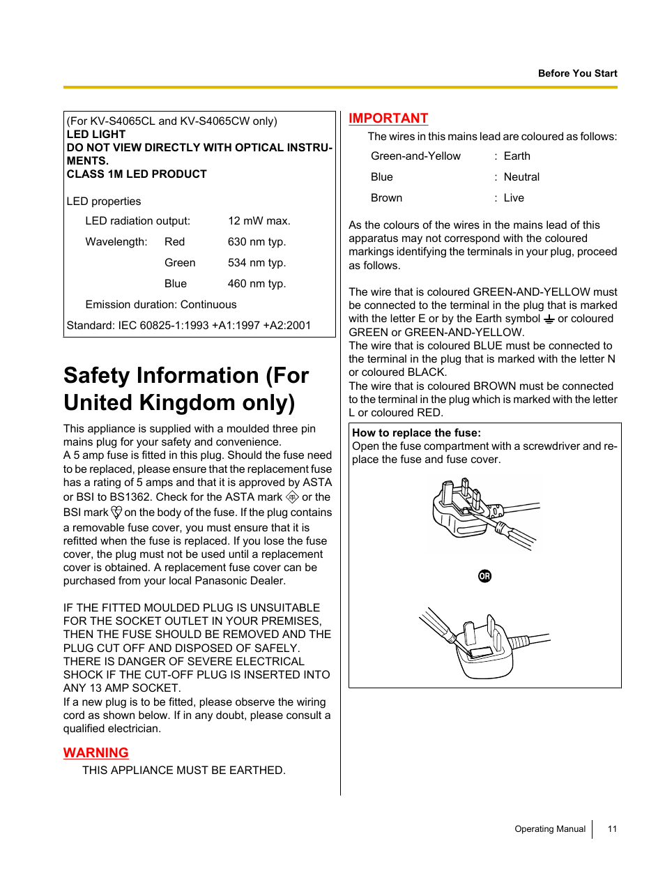 Safety information (for united kingdom only) | Panasonic KV-S4085CW User Manual | Page 11 / 87