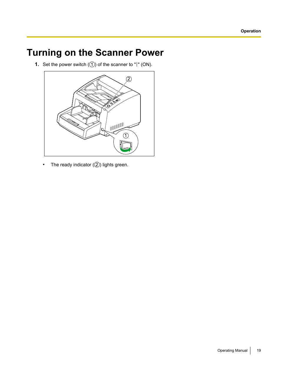 Operation, Turning on the scanner power | Panasonic KV-S4085CW User Manual | Page 19 / 87