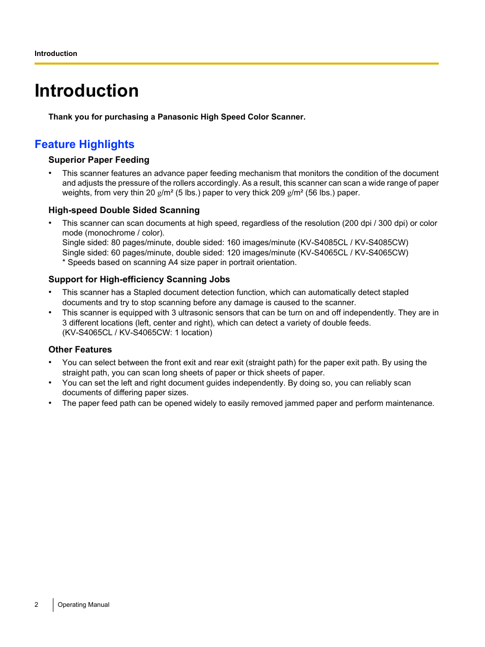 Introduction, Feature highlights | Panasonic KV-S4085CW User Manual | Page 2 / 87