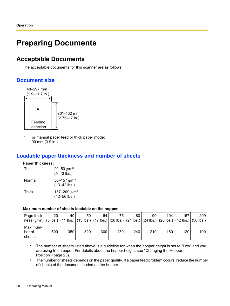 Preparing documents, Acceptable documents, Document size | Loadable paper thickness and number of sheets | Panasonic KV-S4085CW User Manual | Page 20 / 87