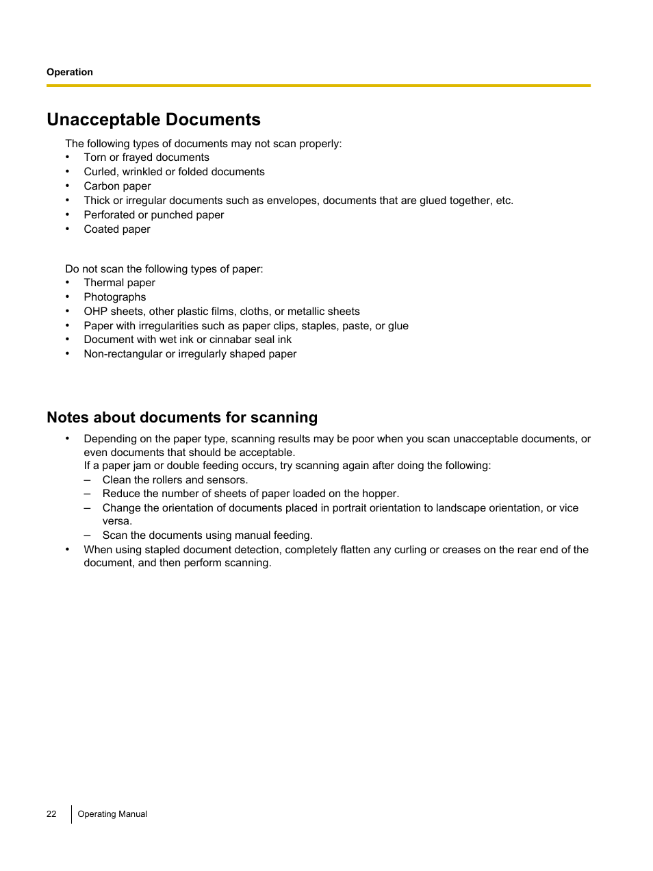 Unacceptable documents | Panasonic KV-S4085CW User Manual | Page 22 / 87