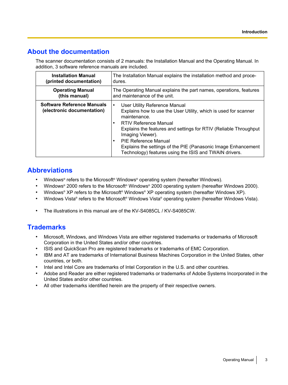 About the documentation, Abbreviations, Trademarks | Panasonic KV-S4085CW User Manual | Page 3 / 87